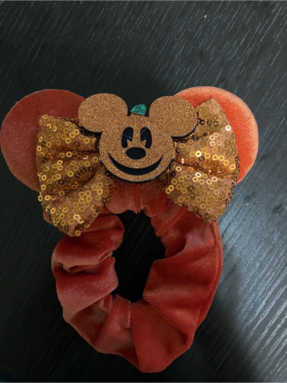 Womens' Orange Velvet Mickey-Inspired Sequin Bow Scrunchie